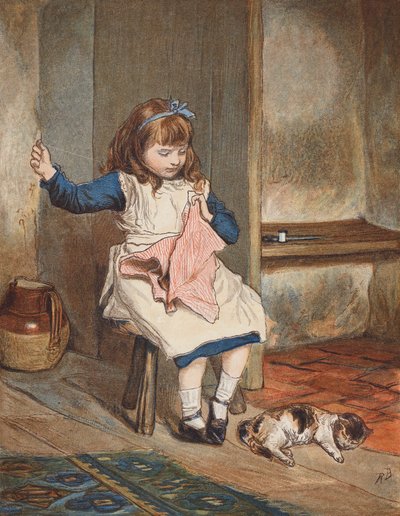 Girl sewing with cat at her feet by Robert Barnes