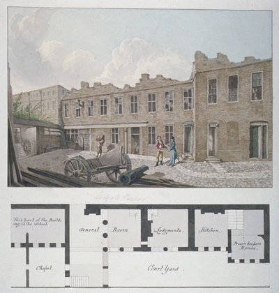 Ludgate Prison with a plan of the London Workhouse, Bishopsgate, beneath, City of London by Robert Blemmell Schnebbelie