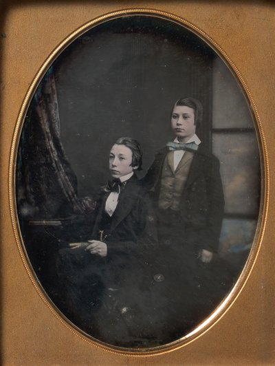 Two Young Men in Bow Ties, One Seated Holding a Book, One Standing by Robert Boning