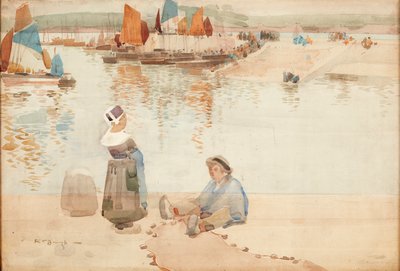 Figures on the Harbour Wall, Brittany by Robert Brough