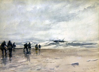 Fishermen Pulling in a Distressed Fishing Boat by Robert Buchan Nisbet