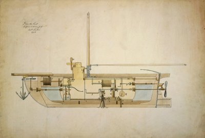 Original drawing of the Nautilus, the first underwater boat (submarine), presented by its inventor Robert Fulton (1765-1815) to the American Senate in 1806. by Robert Fulton