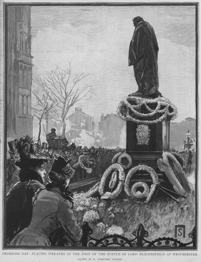 Laying wreaths at the foot of the statue of English statesman Benjamin Disraeli on Primrose Day, the anniversary of his death, Westminster, London by Robert Ponsonby (after) Staples