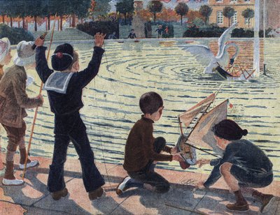 A swan attacks the boat of a child who played in the pool of a park with his comrades. Illustration by Robert Salles (1871-1929) in 