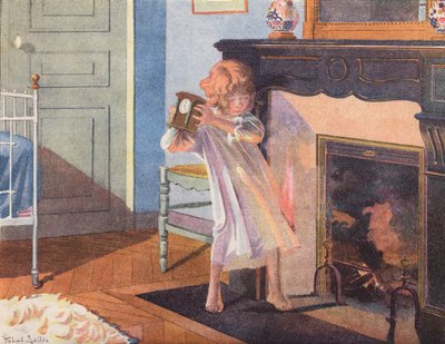 Little Girl Holding a Clock by a Fireplace by Robert Salles