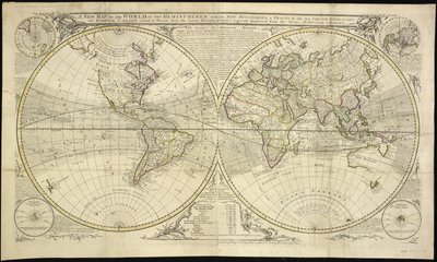 A New Map of the World in Two Hemispheres with the New Discoveries & Tracts of the Two Circum Navigators Dampier & Anson by Robert Sayer