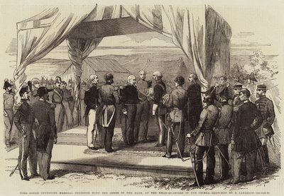 Lord Gough Investing Marshal Pelissier with the Order of the Bath, at the Head-Quarters in the Crimea by Robert Thomas Landells