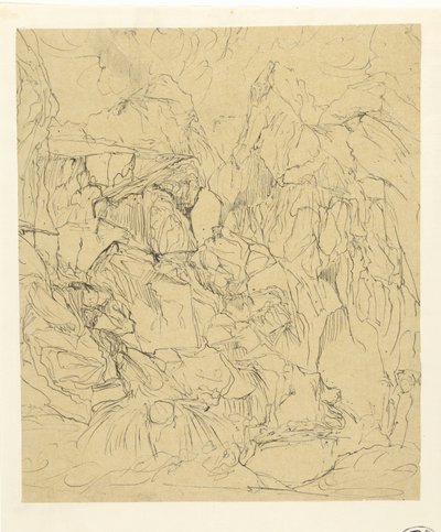 Barren Rocky Landscape, with a Waterfall in the Foreground Left by Rodolphe Bresdin