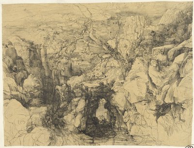 Landscape with Rocks and Stone Bridge over Mountain Stream by Rodolphe Bresdin