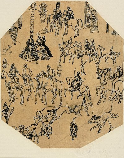 Sheet of Sketches: Hounds, Riders, Ladies. Architectural Elements, Insects by Rodolphe Bresdin