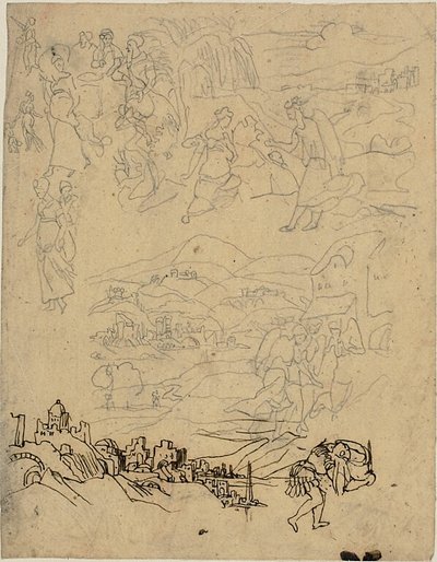 Sketches of Biblical Scenes, Town by Lake, Mountain Village, Warrior by Rodolphe Bresdin