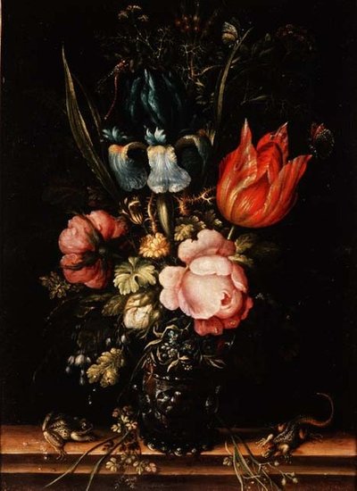 A Still Life of Roses, Tulips and other Flowers by Roelandt Jacobsz. Savery