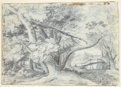 Forest Scene with Large Trees, Under Which Are Two Men and a Dog. To the Right a Bridge by Roelant Savery
