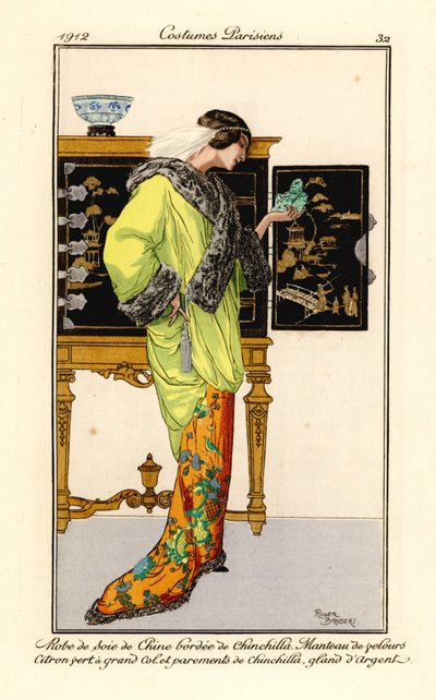 Woman in Silk Dress with Chinchilla Trim, Lemon-Green Velvet Cape with Chinchilla Collar and Cuffs, Holding a Jade Buddha. Chinese Cabinet in the Background by Roger Broders
