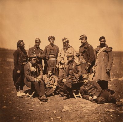 French General Cisse and group of Officers and Soldiers, Portrait in Various Styles of Uniforms; a Zouave Stands at Left, Crimean War, Crimea, Ukraine by Roger Fenton
