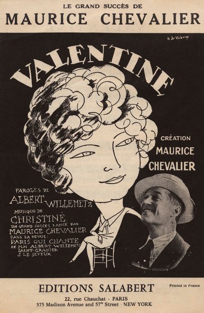 Cover of the Score of the Great Success of Maurice Chevalier “Valentine” by Roger de Valerio