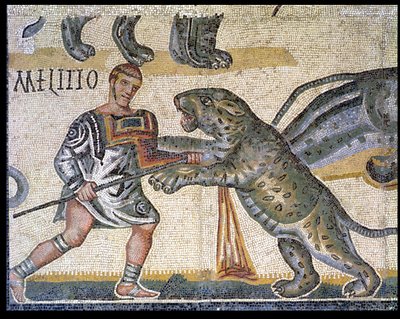 Battle of gladiators against the wildcats, detail depicting a gladiator running through a wildcat by Roman