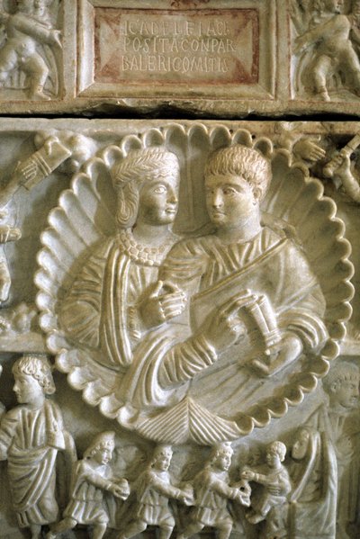 Christian Art 313 AD: Adelphia and Valerio. Sarcophagus of Adelphia preserved at the Museum of Syracuse in Sicily. by Roman