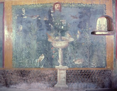 Fountain, Mask and Birds, House of Venus in Shell, Pompei, Italy (fresco) by Roman