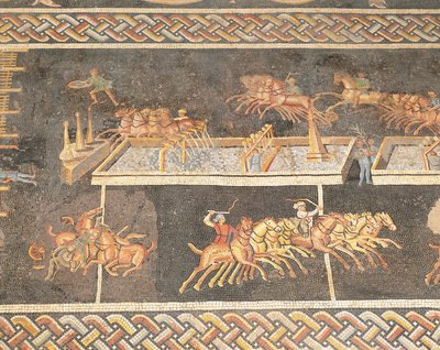 Mosaic Work depicting the Games of the Circus, Quadriga Race, Lyon, France by Roman