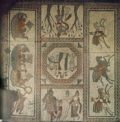 Mosaic pavement from the Roman villa at Low Ham, illustrating the story of Dido and Aeneas from Virgil