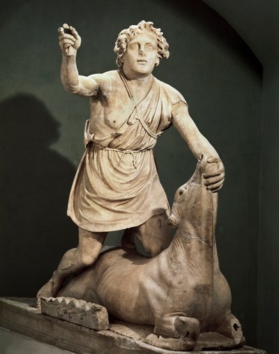 Pentelic marble Mithra slaying bull, signed by Kriton of Athens, from Mithraeum of Baths of Mithra, Ostia Antica by Roman