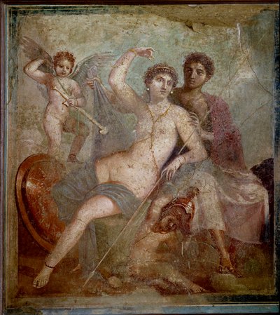 Representation of Ares and Aphrodite, accompanied by loves playing with the weapons of the god. Fresco from the Villa de Mars and Venus in Pompei. 1st century AD. Archaeological Museum of Naples by Roman