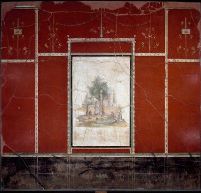 Roman Art: Bucolic landscape and sacred. Fresco attributed to the master of Amando. from Boscotrecase, Agrippa Postumo villa. 1st century. Naples, Museo Archeologico Nazionale by Roman