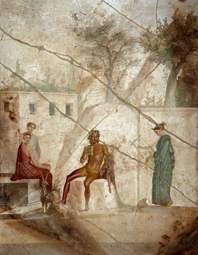 Roman Art: Pan musician with nymphs. Fresco attributed to master Chiaro. 1st century. From Pompei. Naples, Museo Archeologico Nazionale by Roman