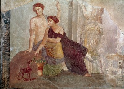 Two Women Playing with a Goat (1st century BC). Fresco. Louvre Museum, Paris by Roman