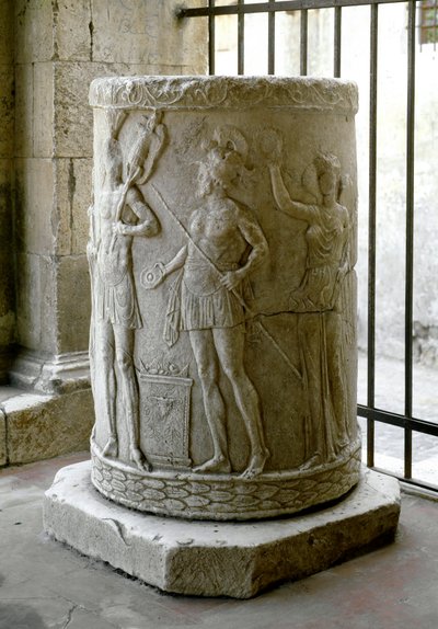 Marble column base with low relief representing a sacrifice scene by Roman