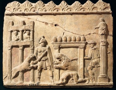 Roman Relief depicting lions and gladiators fighting in circus by Roman