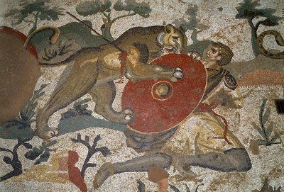 Roman art: a hunter attacked by a lioness protects himself with his shield. Detail of mosaic of 
