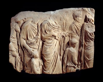 Roman art: fragment of architectural relief in marble from the procession of the Ara Pacis Augustae (altar of peace): procession, during a sacrifice, of figures in toga and children. Around 13-9 BC by Roman