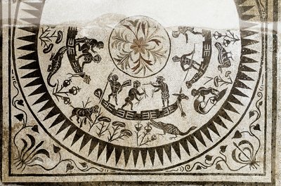 Roman art: hunting and fishing pygmies. Mosaic of the 3rd century by Roman
