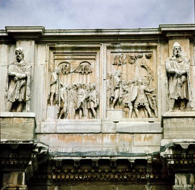 Roman art: low marble relief representing the distribution of subsidies and the surrender of a barbarian leader by Roman