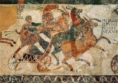 Roman art: mosaic representing a man on a chariot pulled by four horses (quadriga) during a race in a circus by Roman
