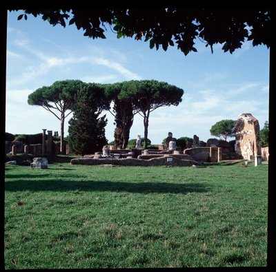 Roman art: view of the ruins of the Temple of Rome and Augustus, archeological site of Ostia by Roman