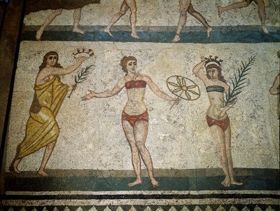 Roman art: young Romans engaged in physical exercises. Detail of mosaic by Roman