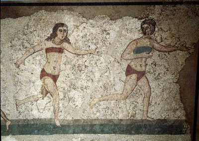 Roman art: young Romans engaged in physical exercises. They wear a loincloth around the kidneys and a strophium (ancestor of the bra) on the chest. (detail) of mosaic 315-350 AD. Piazza Armerina, Villa Romana del Casale by Roman