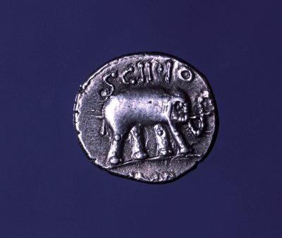 Silver coin representing an elephant, fetish animal of the Scipions. Lucius Caecilius Metellus seized the Carthaginian elephants in 251 BC. 47-46 BC by Roman