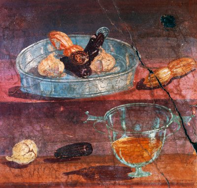 Still life with garlic, dates and honey, two gold and silver coins between fruit, wall painting from House of Deer, Herculaneum by Roman