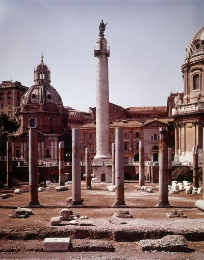 The Trajan forum and the Trajan column (Trajane column) (Colonna Traiana) in Rome built during the reign of Emperor Trajan (53-117). The Trajane column commemorates the victorious campaigns of the emperor in Dacia by Roman