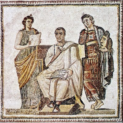 Virgil Writing the Eneide under the gaze of the muses Clio and Melpomene - Mosaic of the 4th century after JC from Susa in Tunisia by Roman