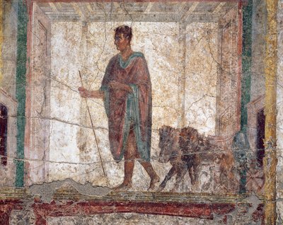 Ancient Roman Fresco with Boar and Lion Yoked to Chariot by Roman Roman