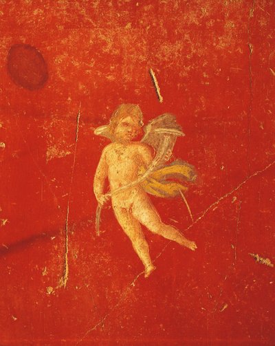 Cherub in Red Pompeian Background, Fresco in Fourth Pompeian Style, from House of Pinario Ceriale, Pompeii, Campania, Roman Civilization by Roman Roman