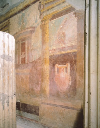 Detail of frescoes in Hall of Triclinium, House of Labyrinth, Pompeii, Campania, Roman Civilization (detail) by Roman Roman