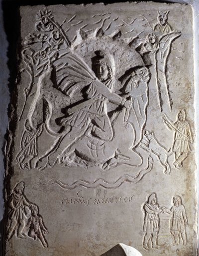 Low relief representing the sacrifice of Mithra (a young man slaughtering a bull). Musei Capitolini, Rome. by Roman Roman