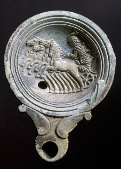 Oil Lamp Depicting a Racing Carriage with Four Horses by Roman Roman