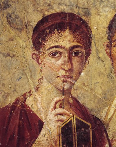 Portrait of Baker Terentius Neo and His Wife in Formal Clothes, (Detail) of the Wife with Her Stylus and Diptych Open from Italy, Campania, Pompeii, 55-79 A.D. by Roman Roman